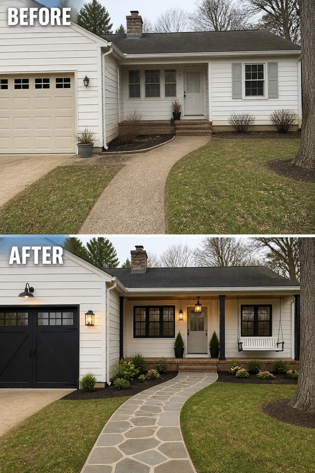Before and after house exterior with new black trim, stone path, and porch swing.