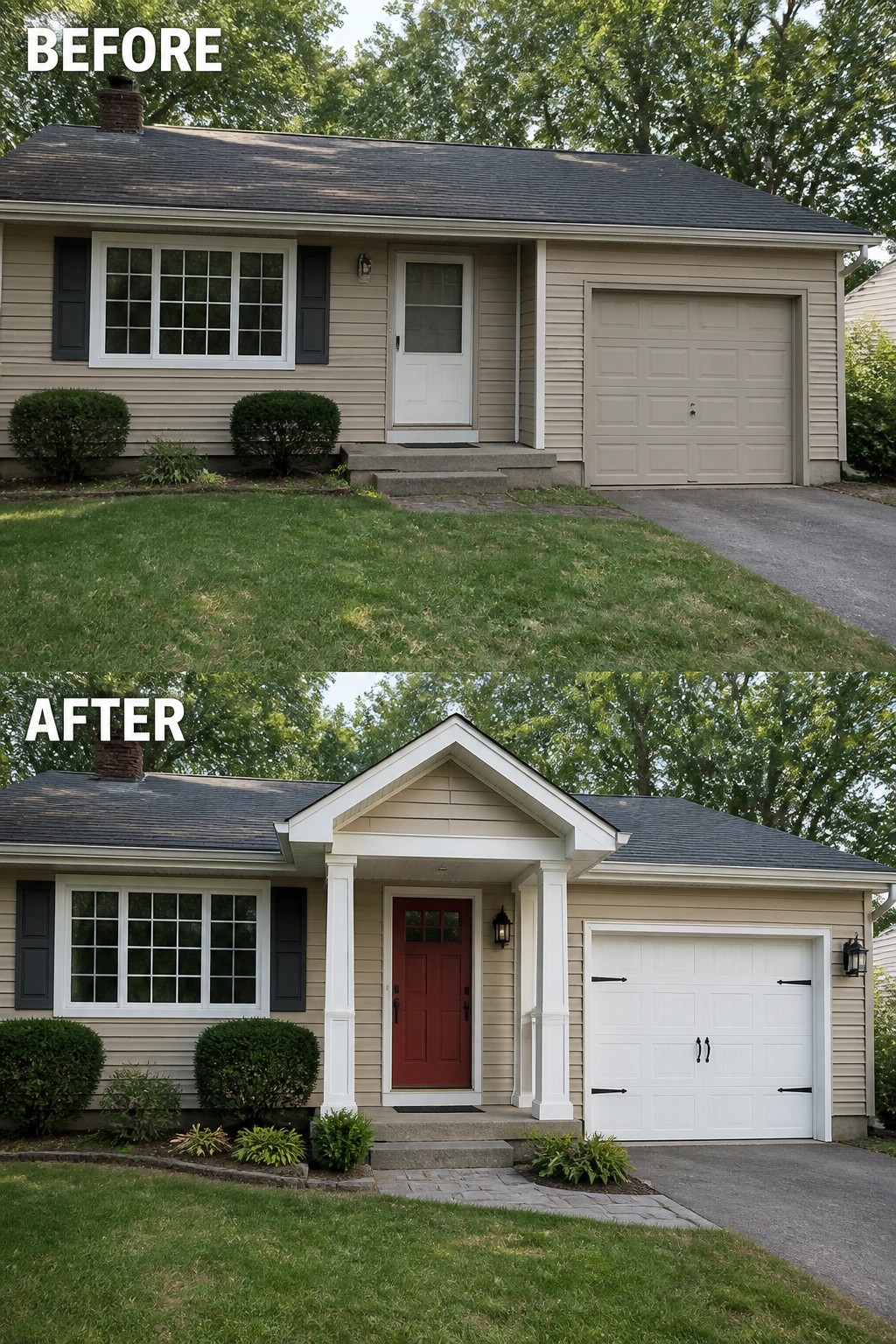Before and after views of house with new portico, red door, and white garage.