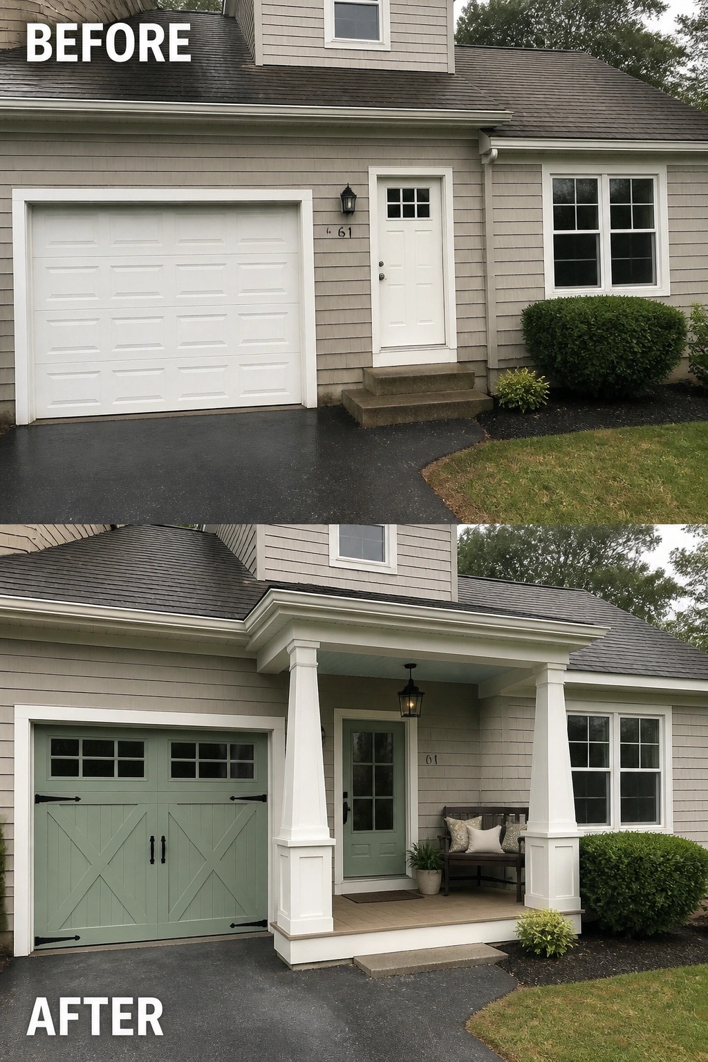 Before-and-after image of a house exterior showing an added covered porch with columns, a new garage door, and an updated front door.