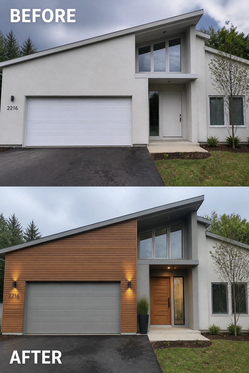 Before-and-after image of a modern house exterior updated with wood siding on the garage wall, a gray garage door, new lighting, and a wood front door.