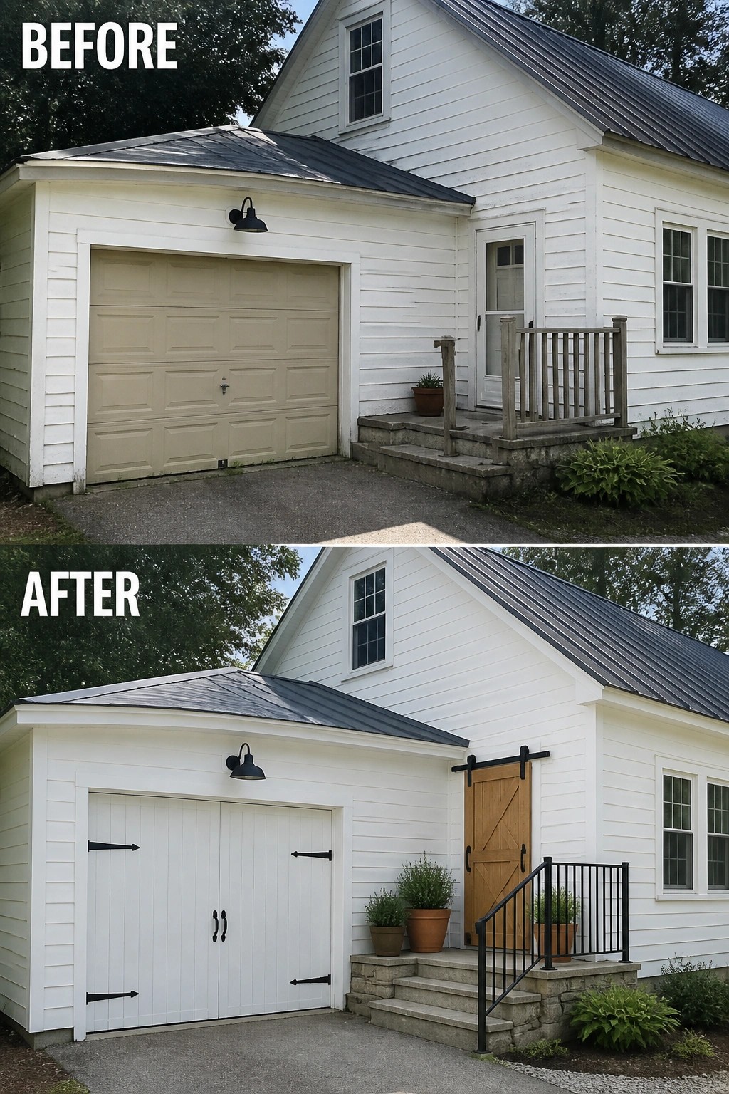 Before and after views of white house garage and entrance with new doors and railings.