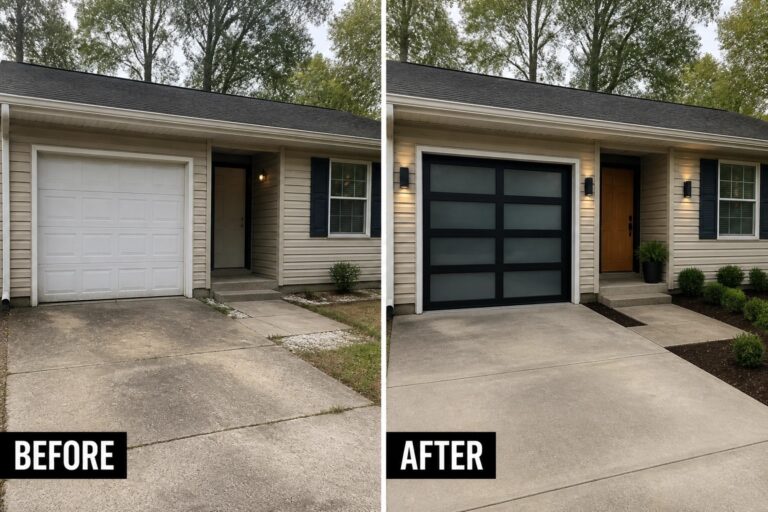 Before and after house exterior with modern black garage door and updated entrance.
