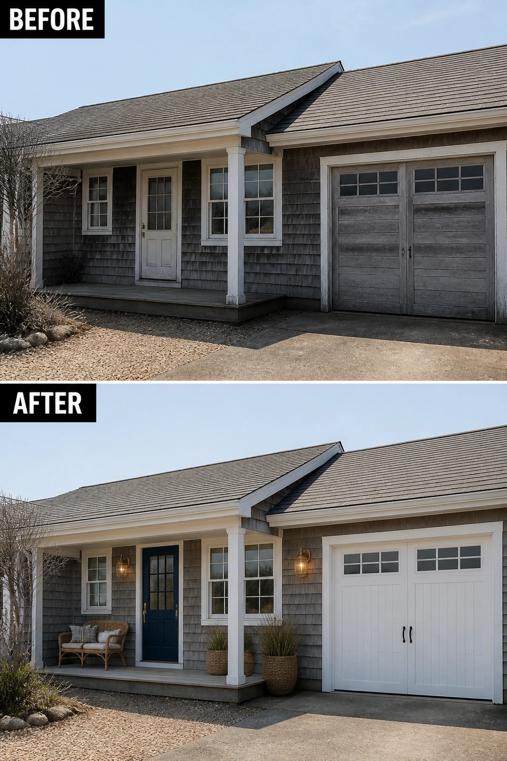 Before and after views of gray house with blue door and white garage.