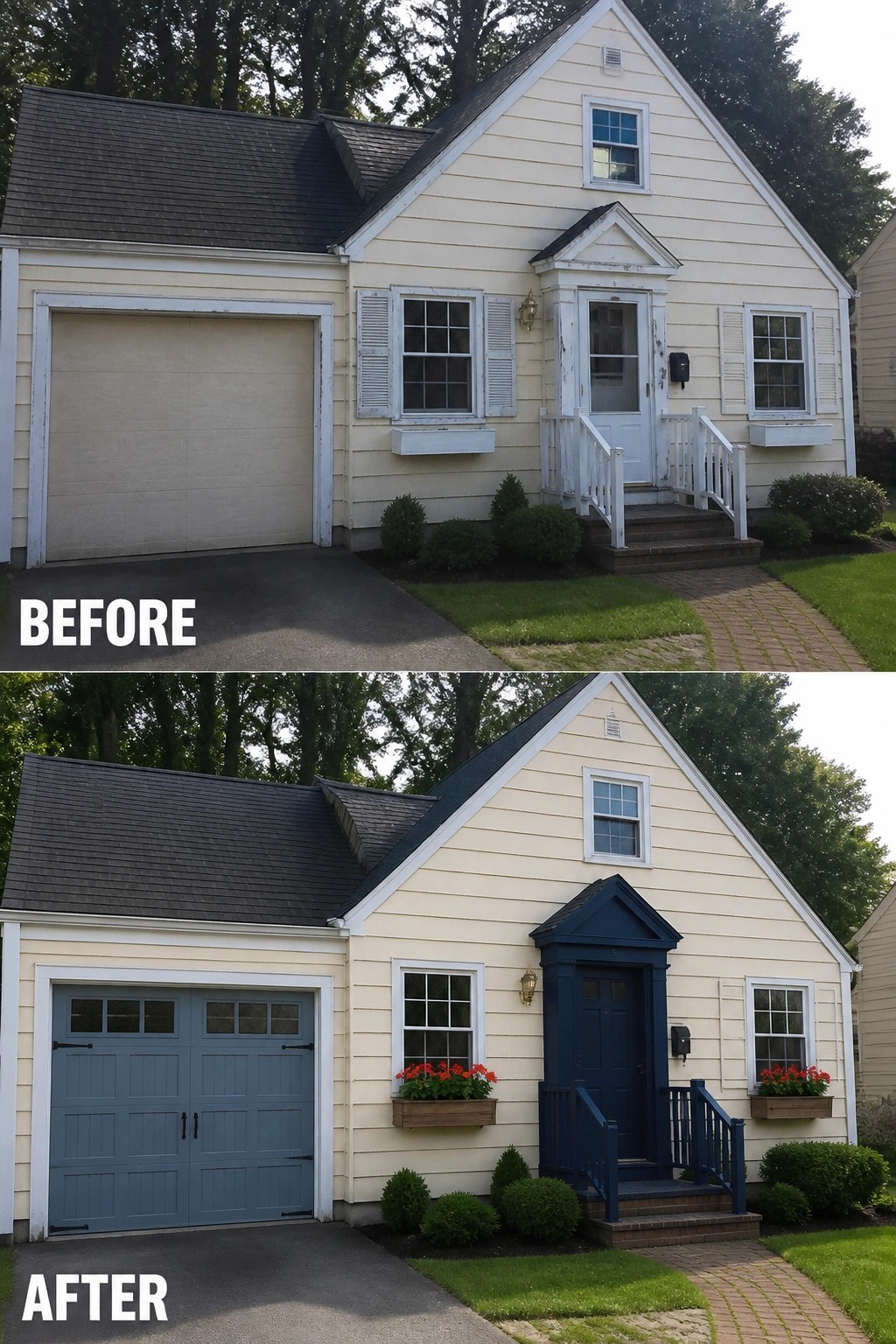 Before-and-after image of a house exterior showing the garage door and front door painted blue with added flower boxes at the windows.