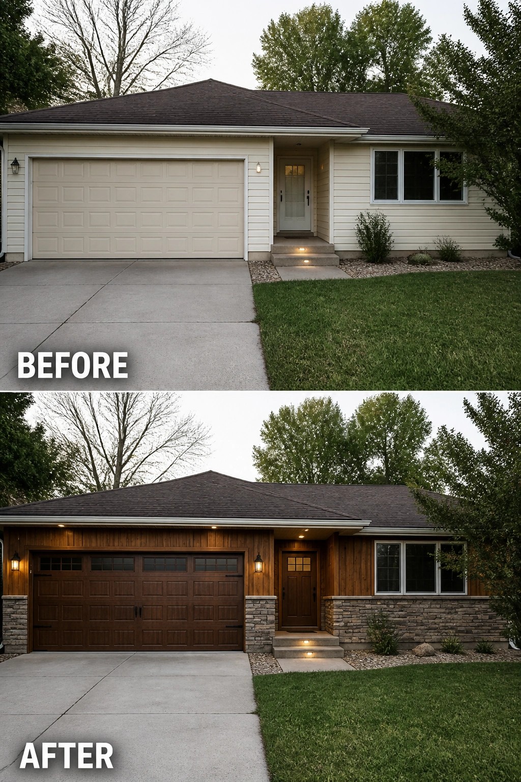 Before and after house exterior with new wood siding, garage door and stone accents