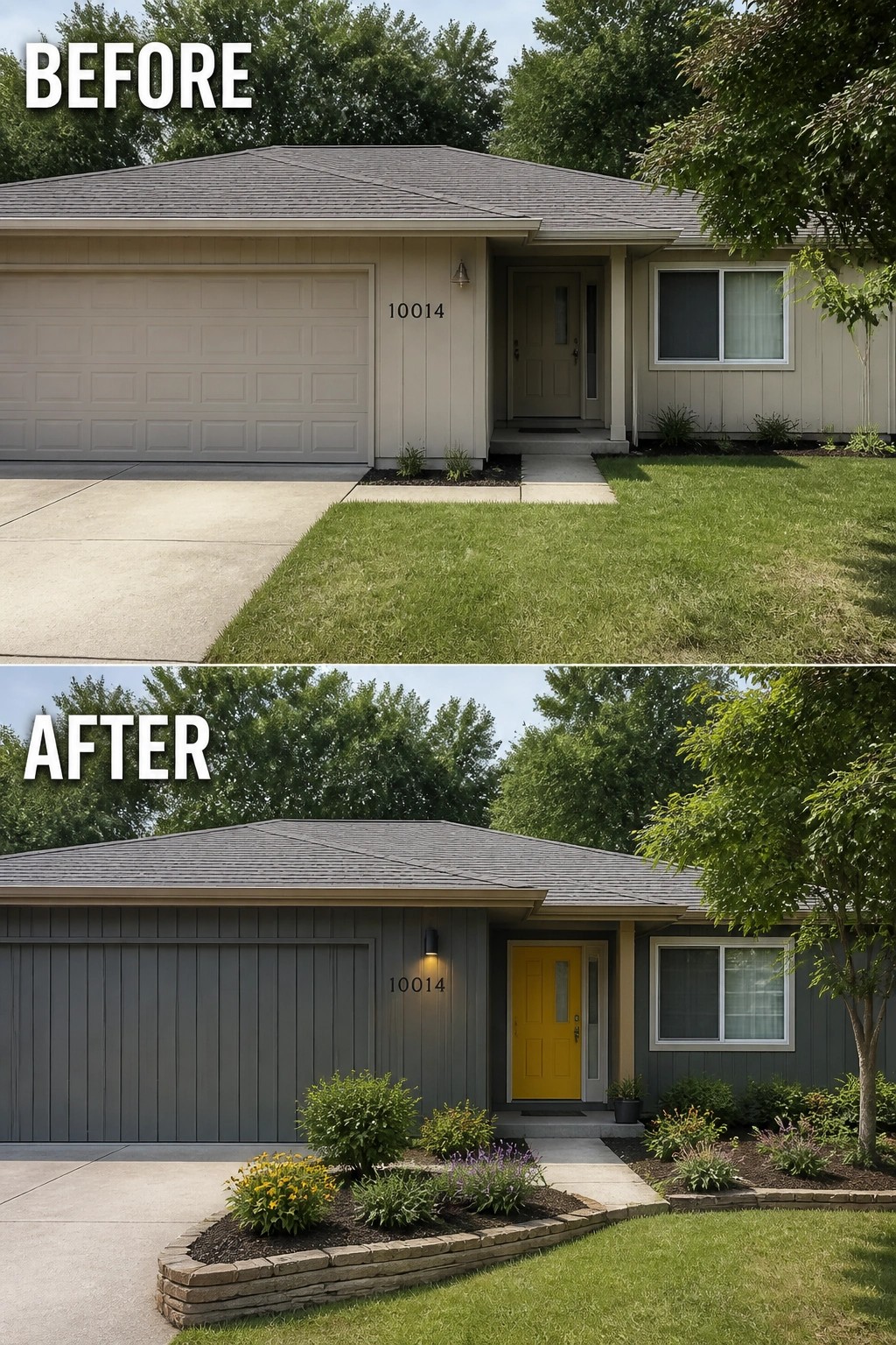 Before and after house exterior with gray paint, yellow door, and new landscaping