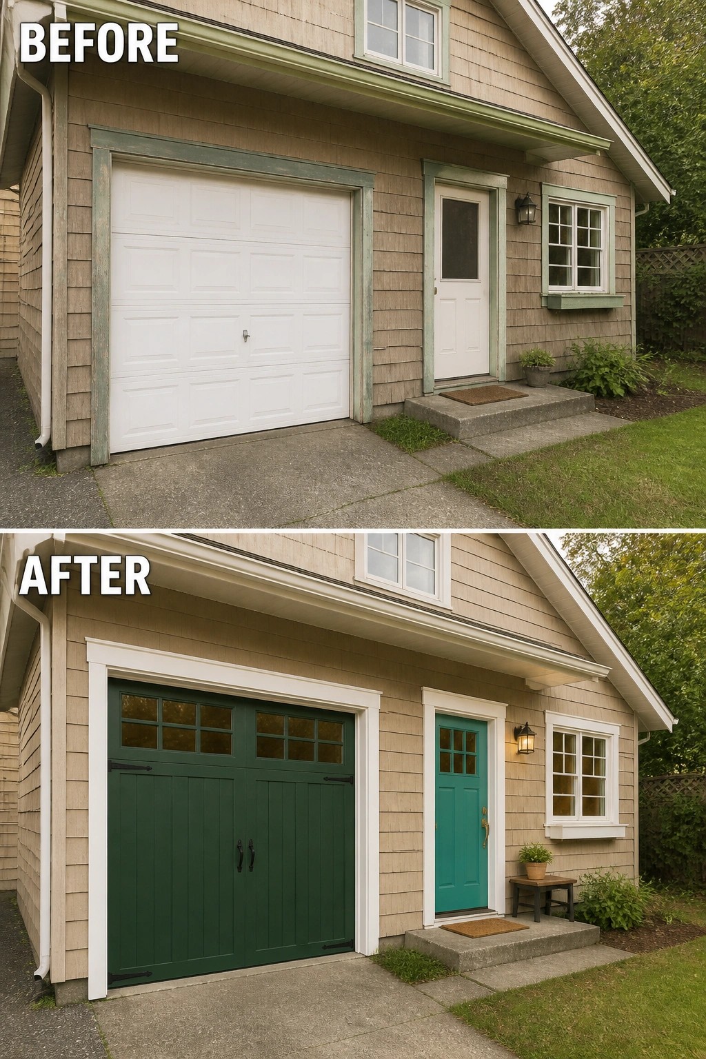 Before and after house exterior with green garage door and teal front door.
