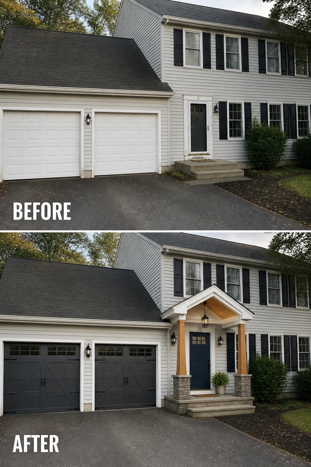 Before and after house exterior with new dark garage doors and entry portico.