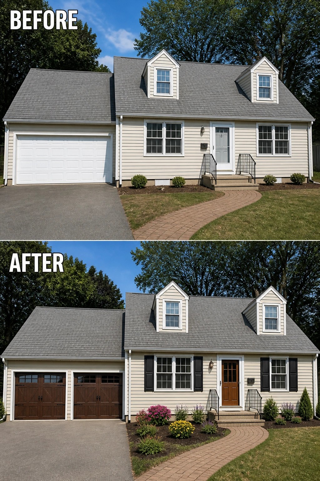 Before and after house exterior with new brown garage doors, shutters, and landscaping.