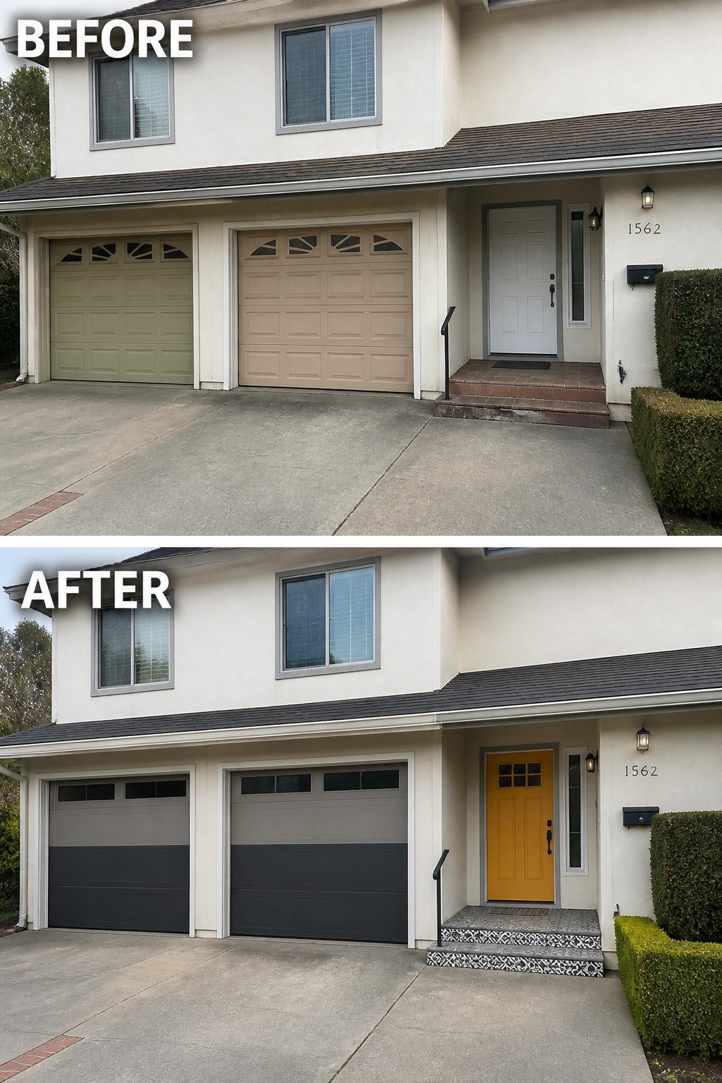 Before-and-after image of a house exterior showing old garage doors and a white front door replaced with modern two-tone garage doors and a yellow front door.