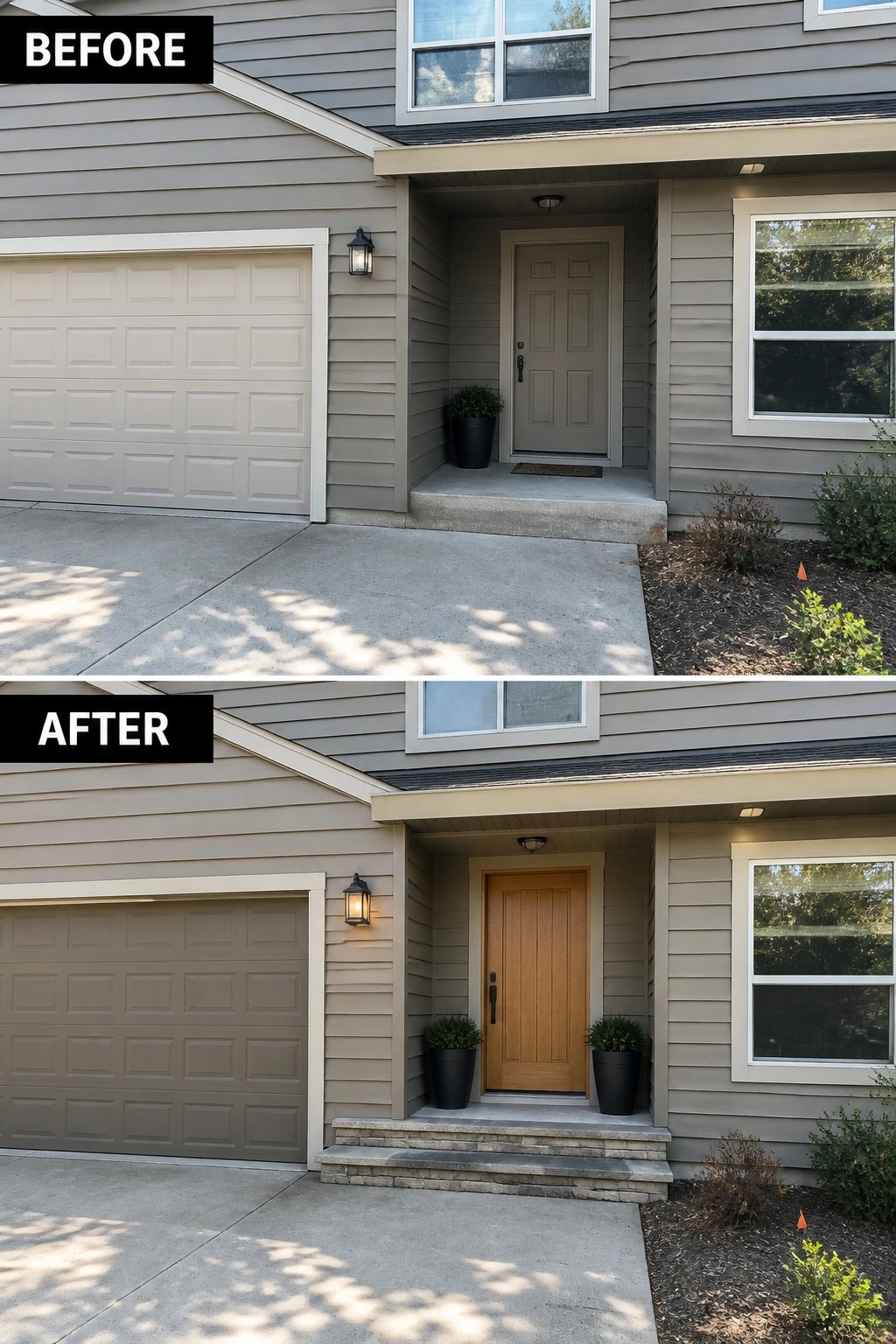 Before and after house exterior with new brown garage door, wood door, and stone steps