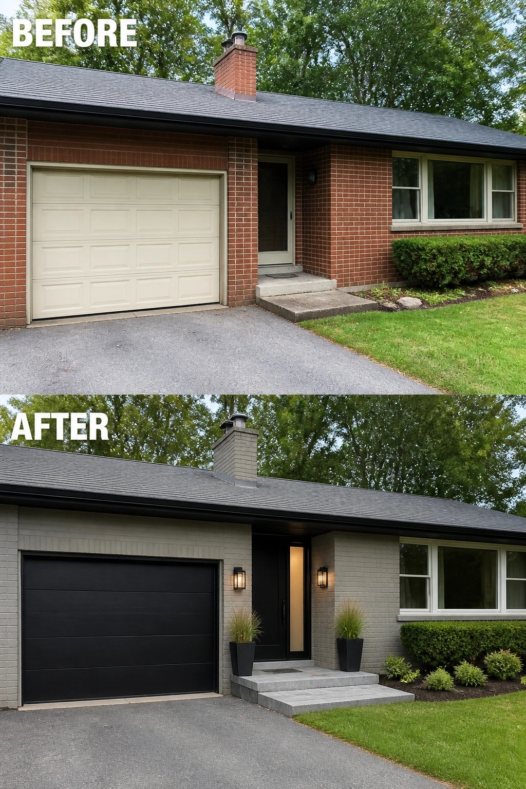 Before-and-after house exterior: red brick to gray paint, beige to black garage door.
