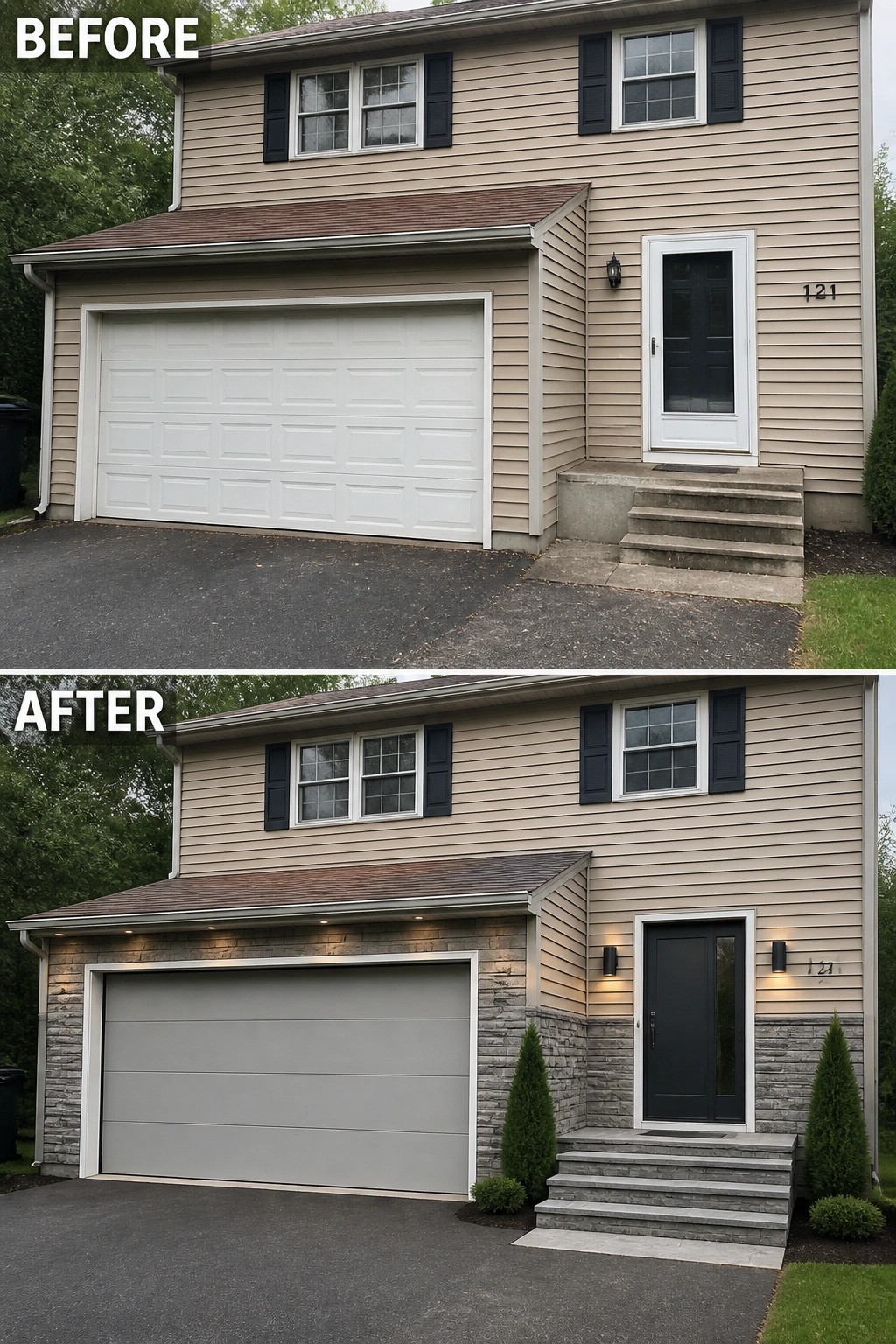 Before and after house exterior with new gray garage door and stone accents