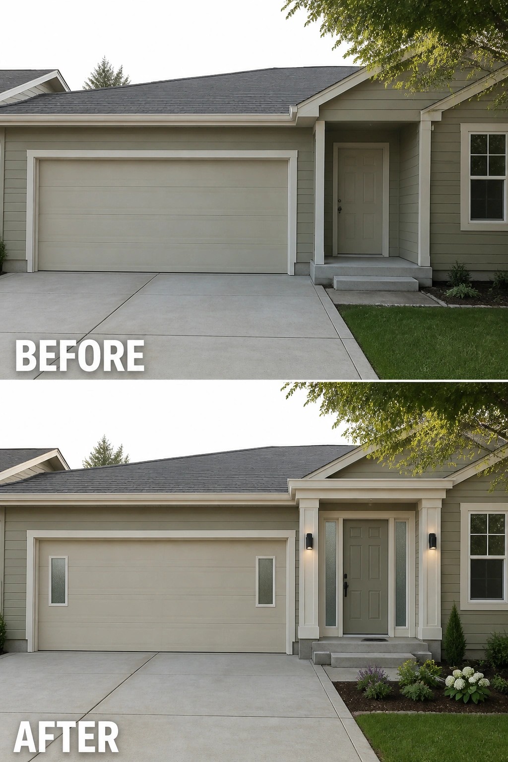 Before and after of beige house with renovated garage door and lit entryway