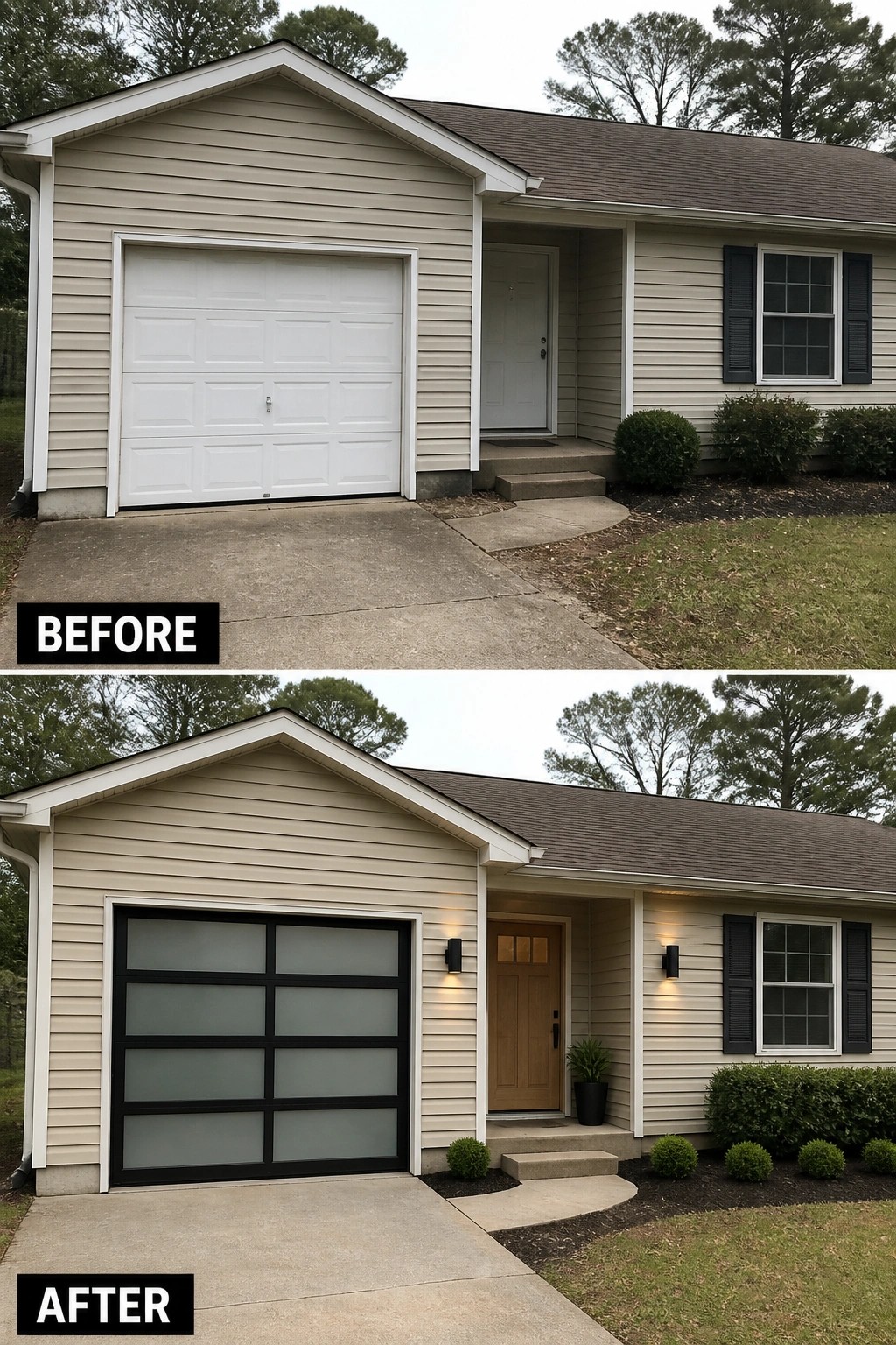 Before and after house exterior with modern black garage door and updated entrance.