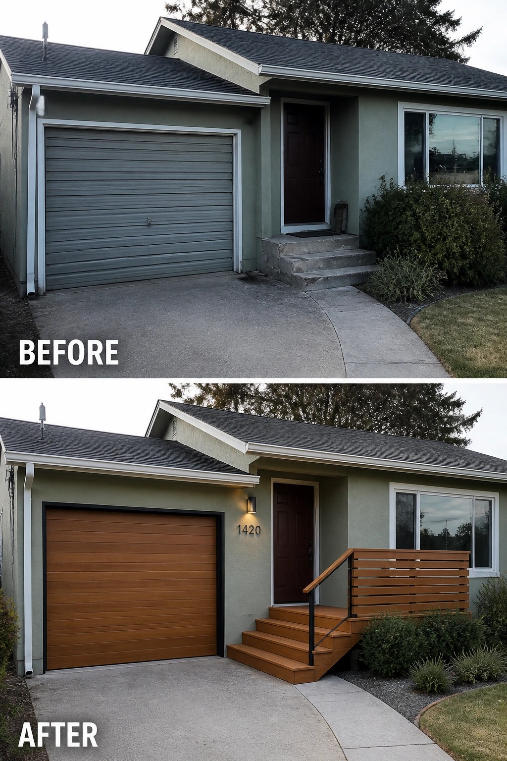 Before-and-after image of a house exterior showing a gray garage door replaced with a wood-tone door and new railing added to the front stairs.
