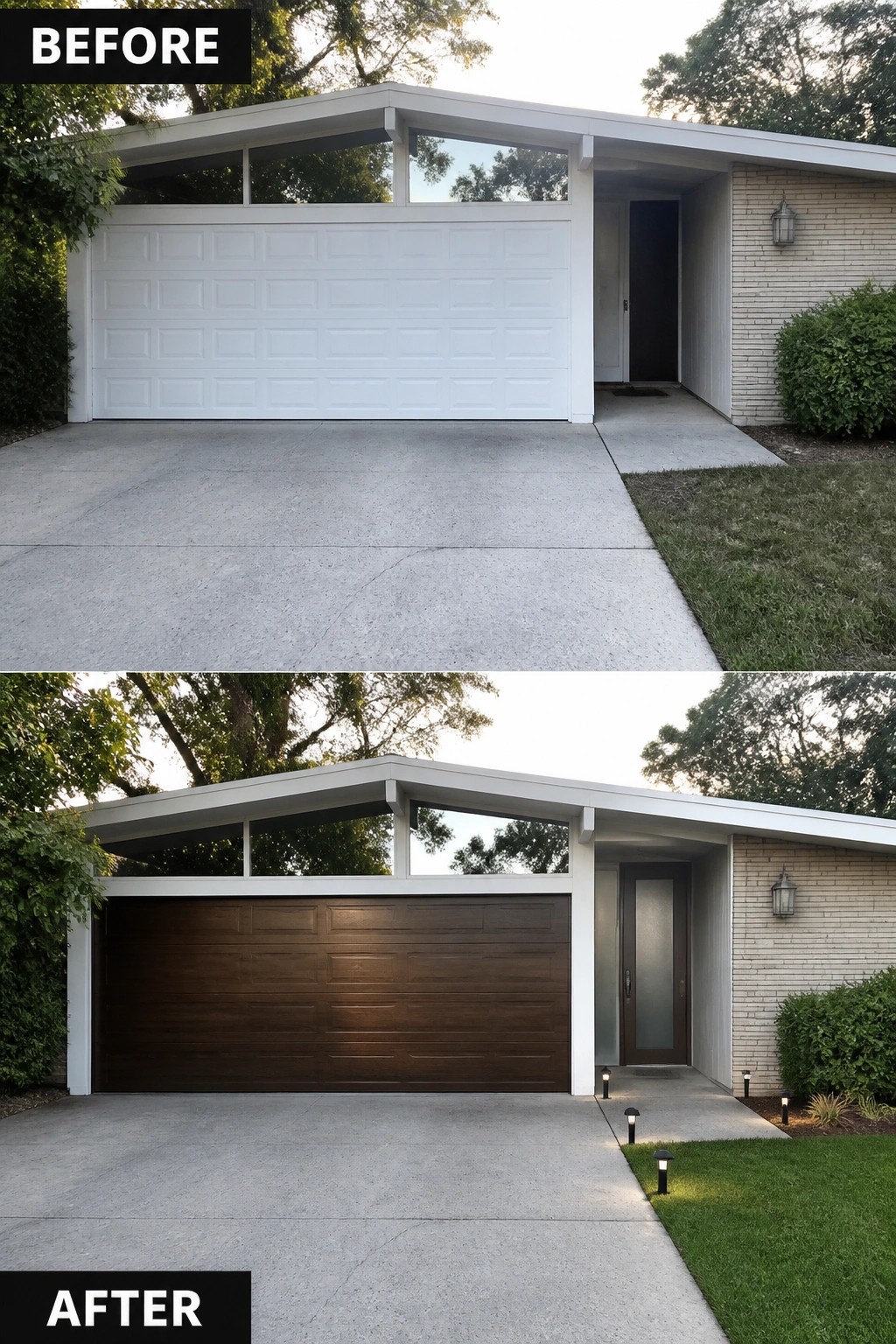 Before-and-after image of a house exterior with a white garage door changed to dark wood, a new entry door added, and pathway lights installed along the driveway.