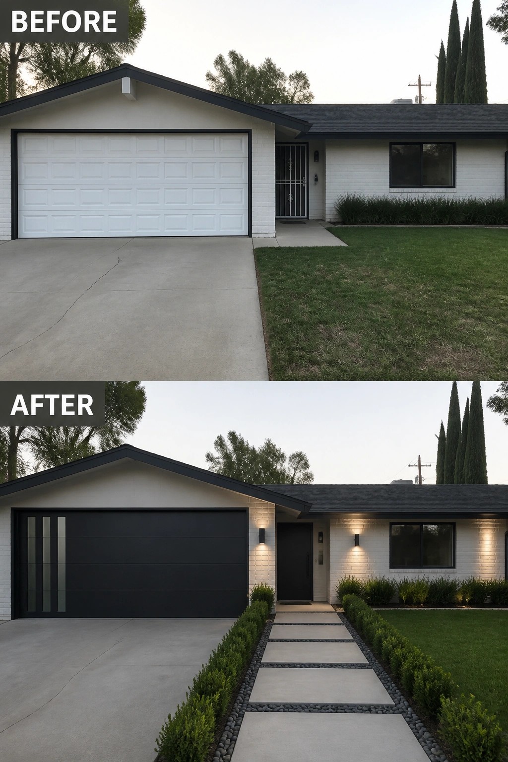Before-and-after image of a house exterior showing a white garage door replaced with a modern black one, a new front door, added wall lights, and a defined paver walkway.