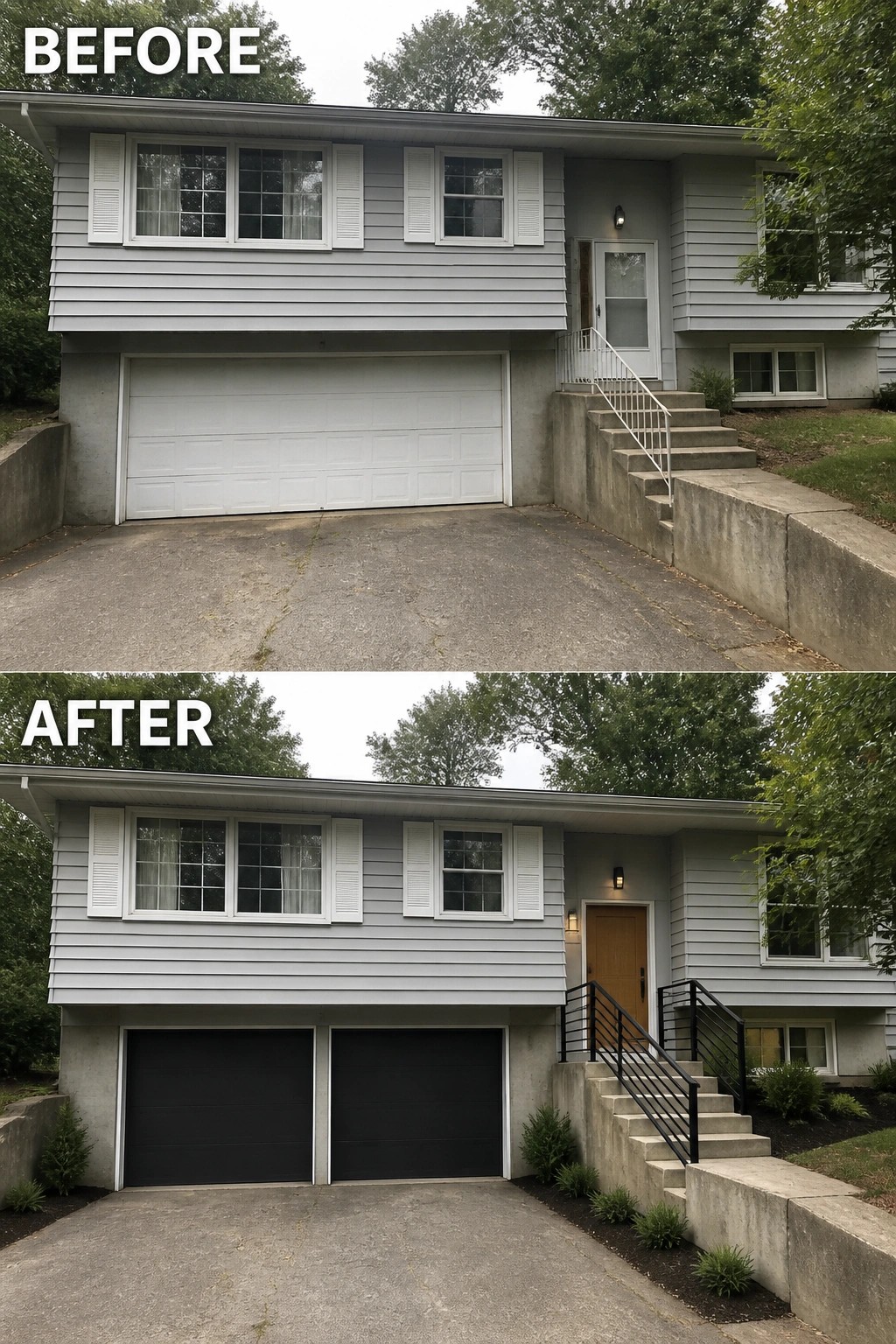 Before and after of gray house with new black garages, door, and railings