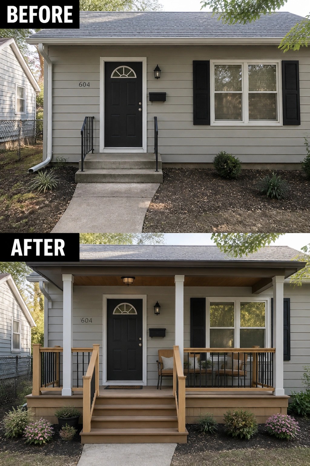 Before and after views of gray house with new wooden porch addition