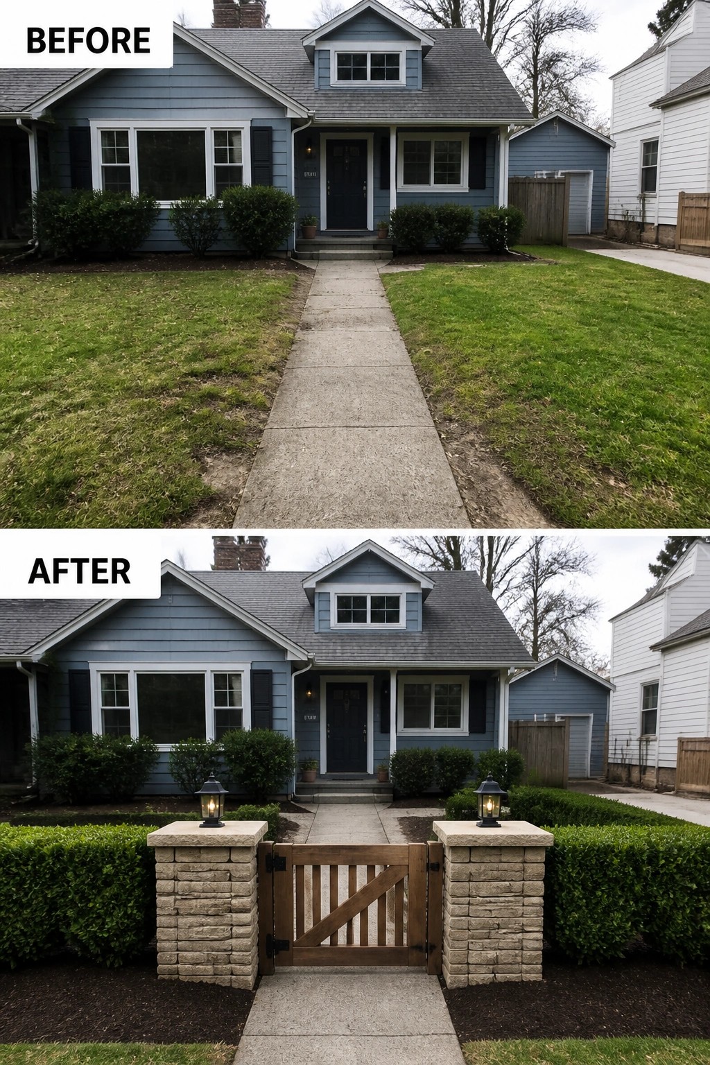 Before-and-after image of a house front yard showing a new wooden gate with stone pillars and low hedges added at the end of the walkway.