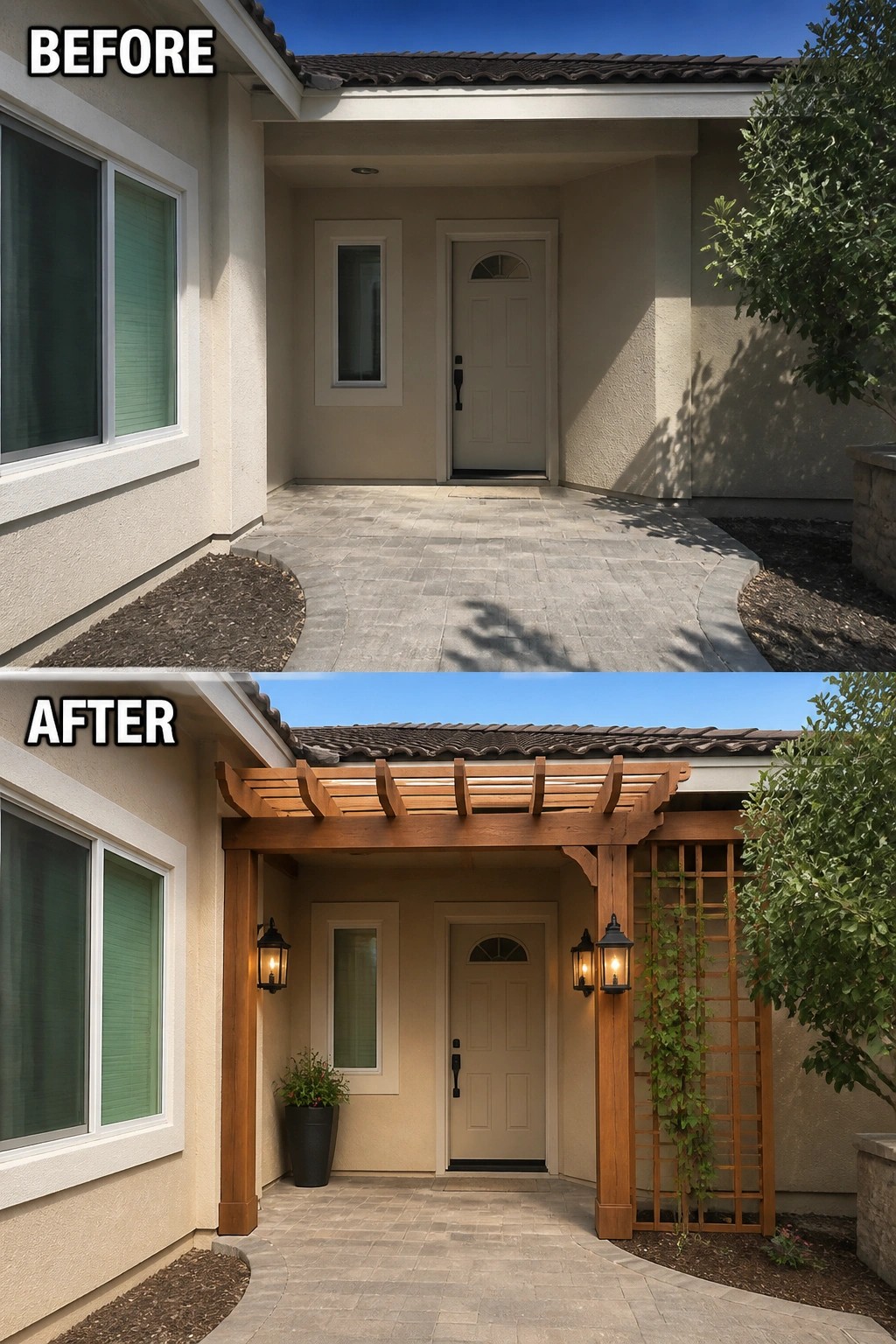Before and after house entry with added wooden pergola, lanterns, and trellis.