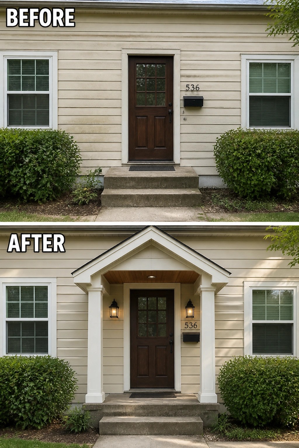 Before and after view of house entrance with new white-columned porch added.