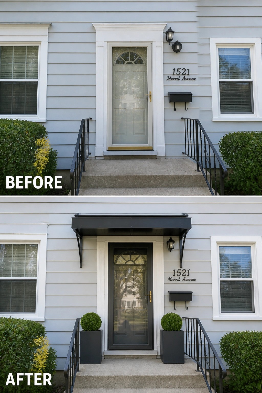 Before-and-after image of a house front entry updated with a black awning above the door and planters placed on either side of the steps.