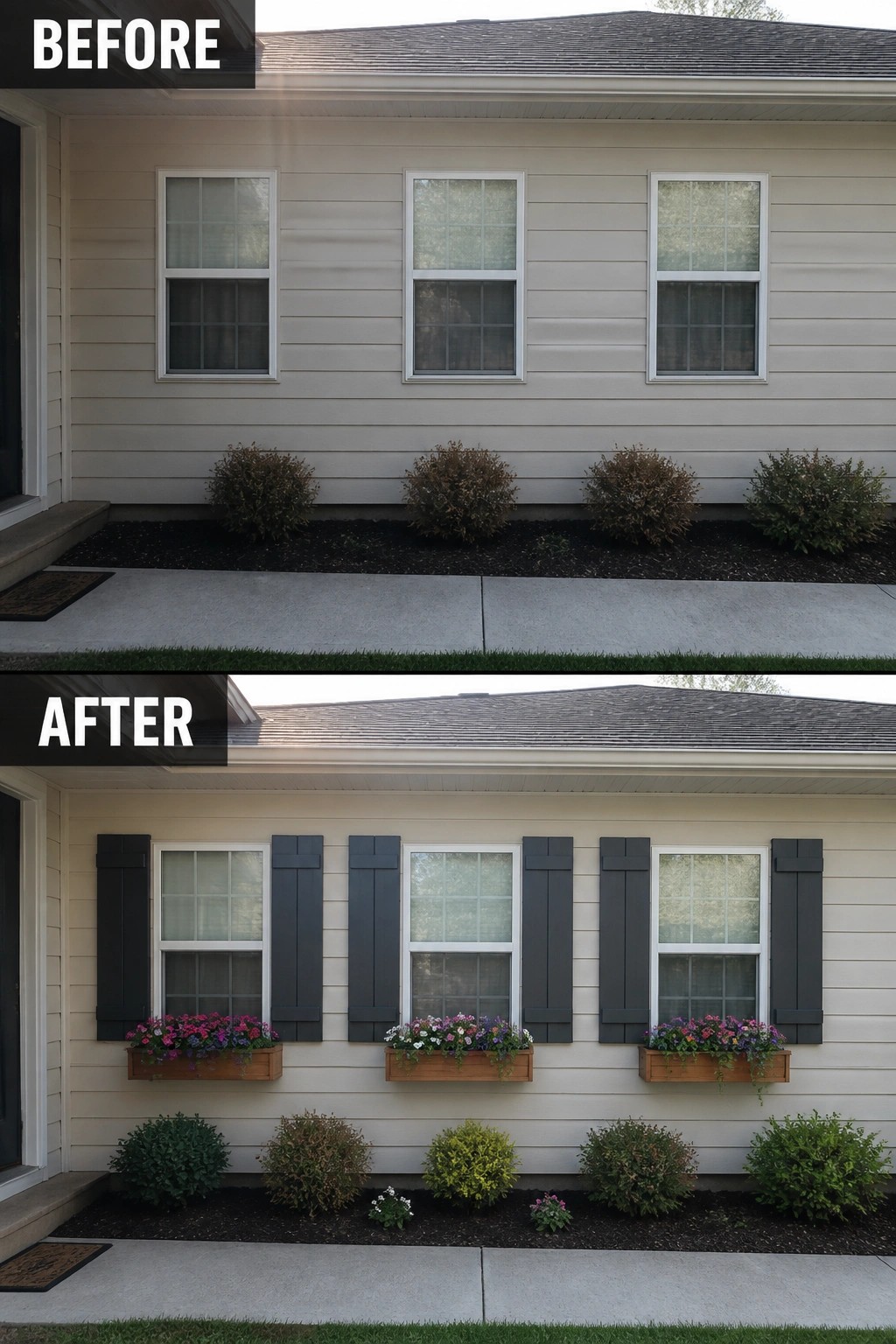 Before and after of house with added dark shutters and flower boxes