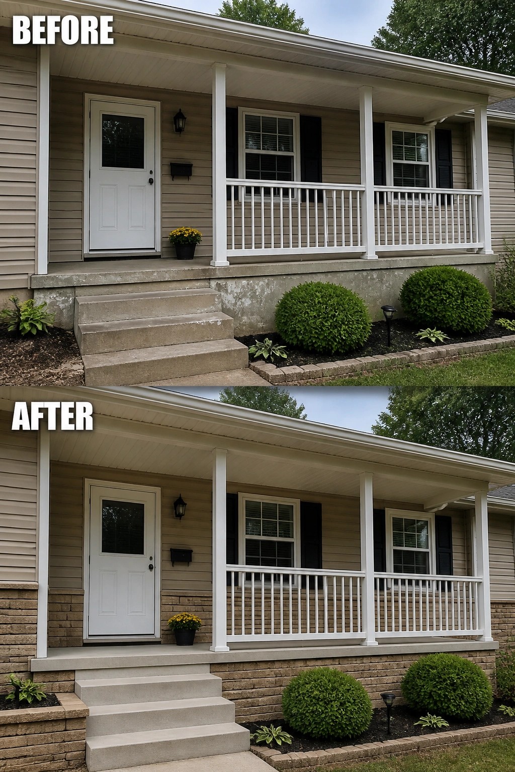 Before-and-after image of a house front porch with the concrete foundation and steps updated using stone veneer.