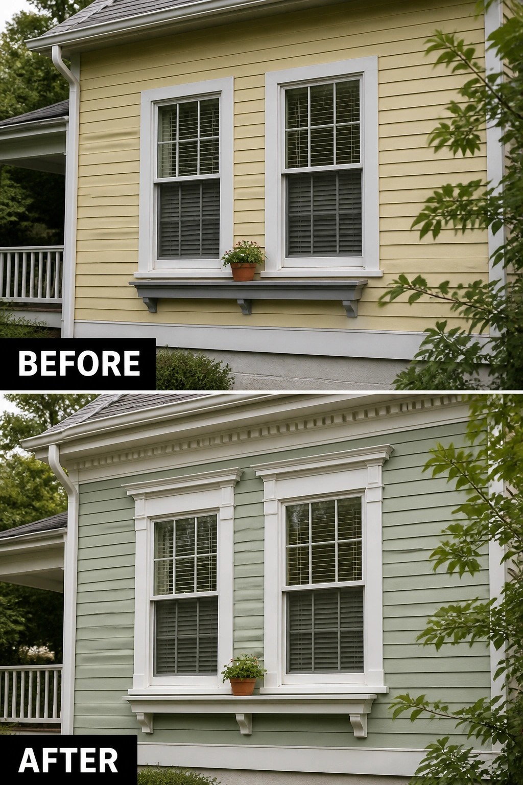 Before-and-after image of a house exterior with plain windows and yellow siding updated with added trim and a new green paint color.