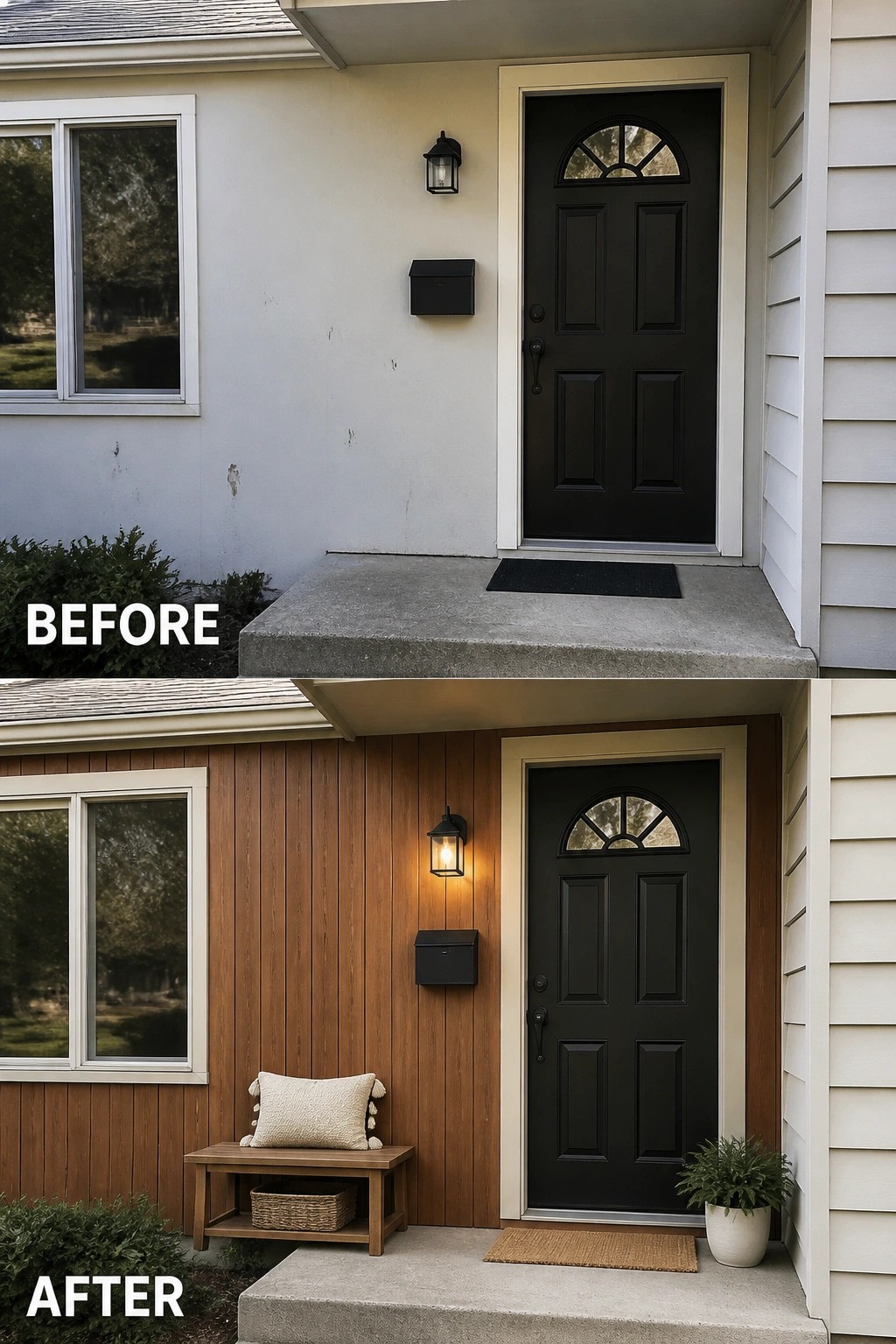 Before and after house entrance with black door, wood siding, and bench