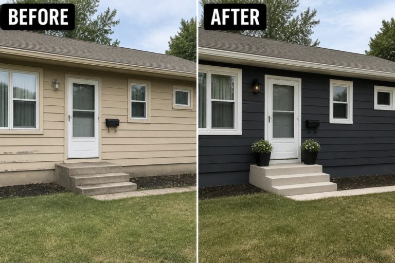 Before-and-after image of a house exterior showing light beige siding changed to dark gray siding with white trim and added planters at the entry.