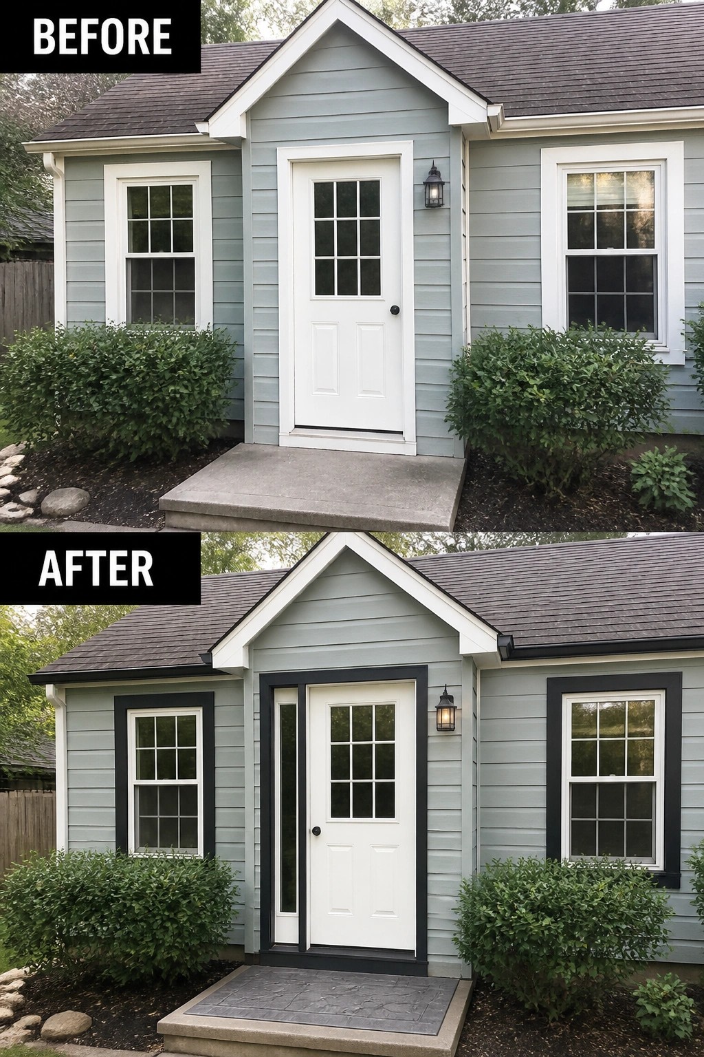 Before and after views of light blue house with new black door and window trim.