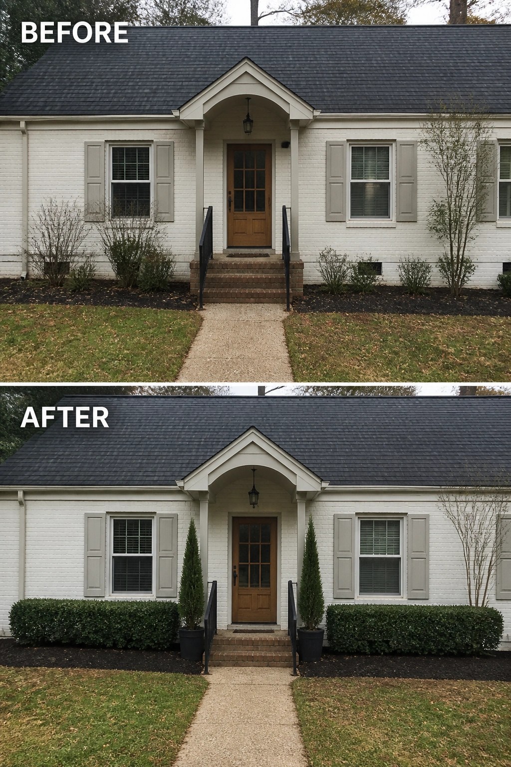 Before and after of white house with added potted trees and hedges.