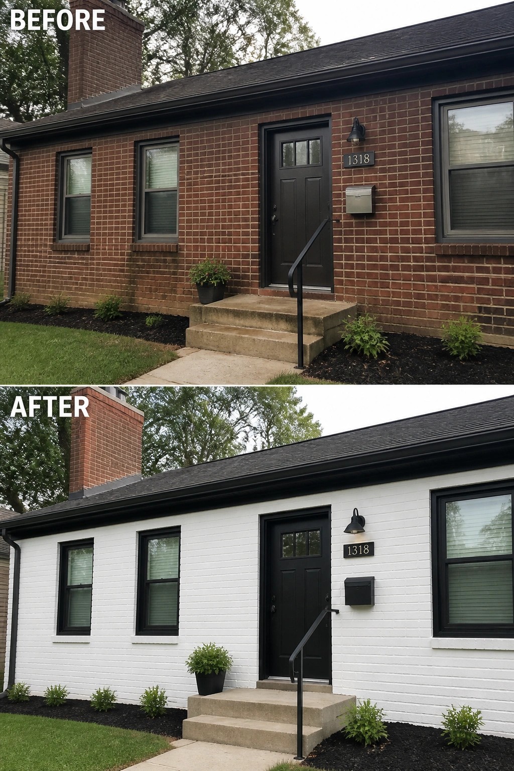 Before and after of brick house painted white with black trim.