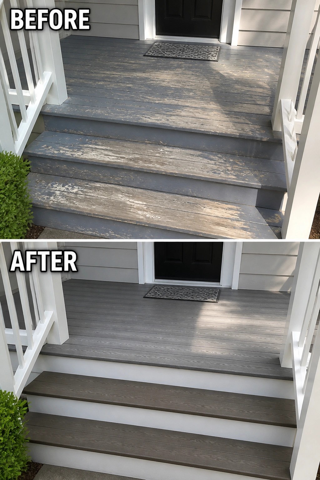 Before and after of weathered gray porch stairs restored with fresh paint.