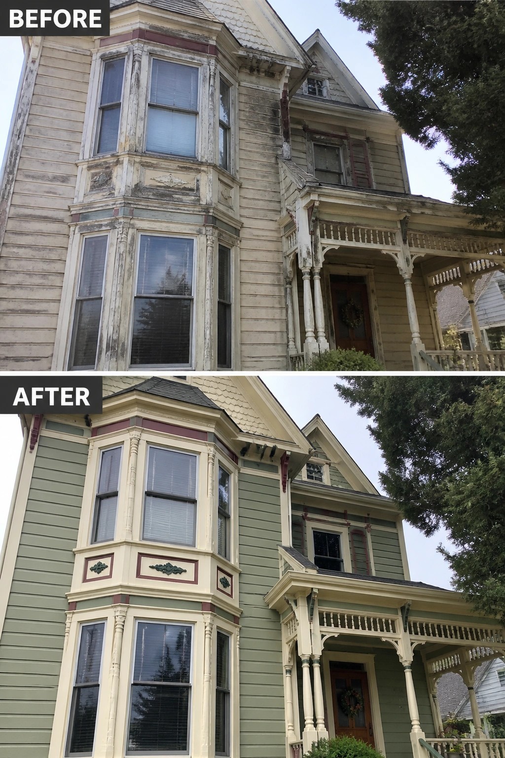 Before-and-after image of a Victorian house exterior repainted from weathered beige to sage green with cream and burgundy trim.