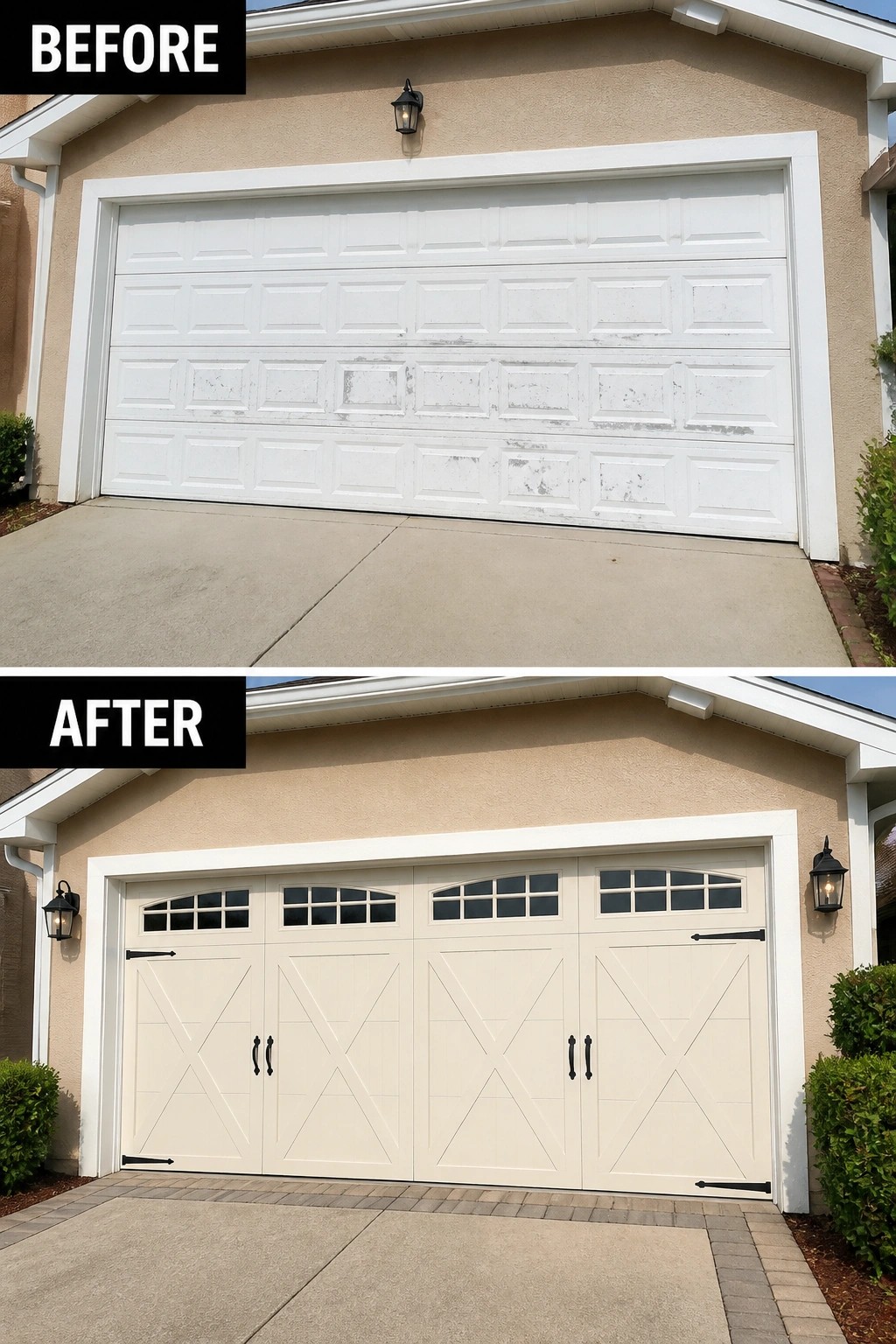 Before and after of beige house with old white vs new cream carriage garage door.