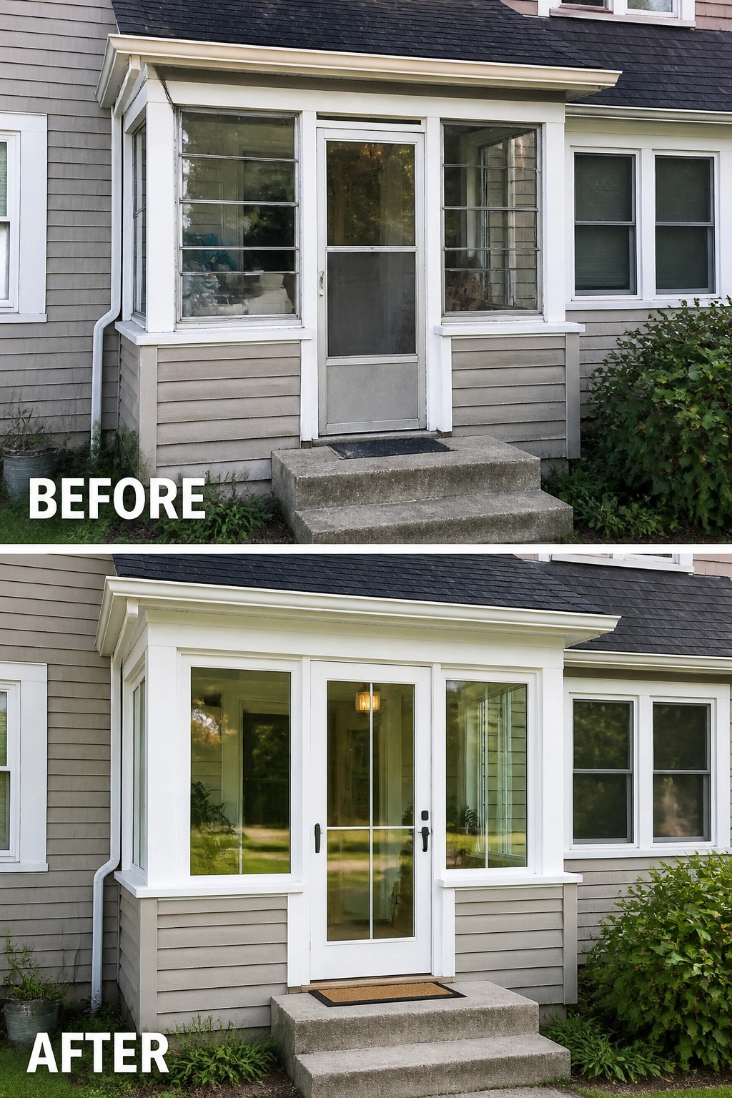 Before and after of house entrance with new white glass double doors.