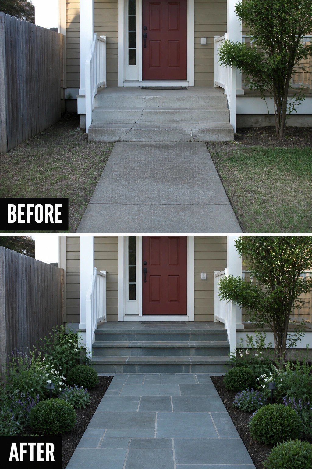 Before-and-after front entrance with concrete path replaced by stone walkway and landscaping.