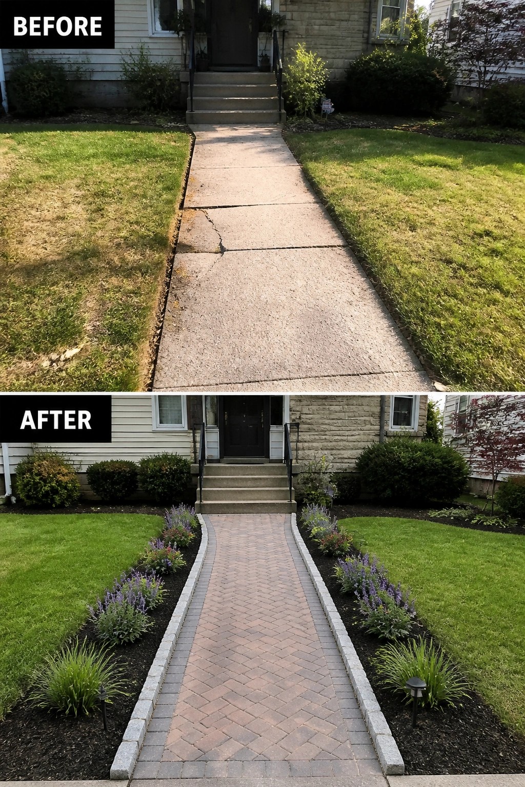 Before and after of cracked concrete walkway replaced by brick path with landscaping