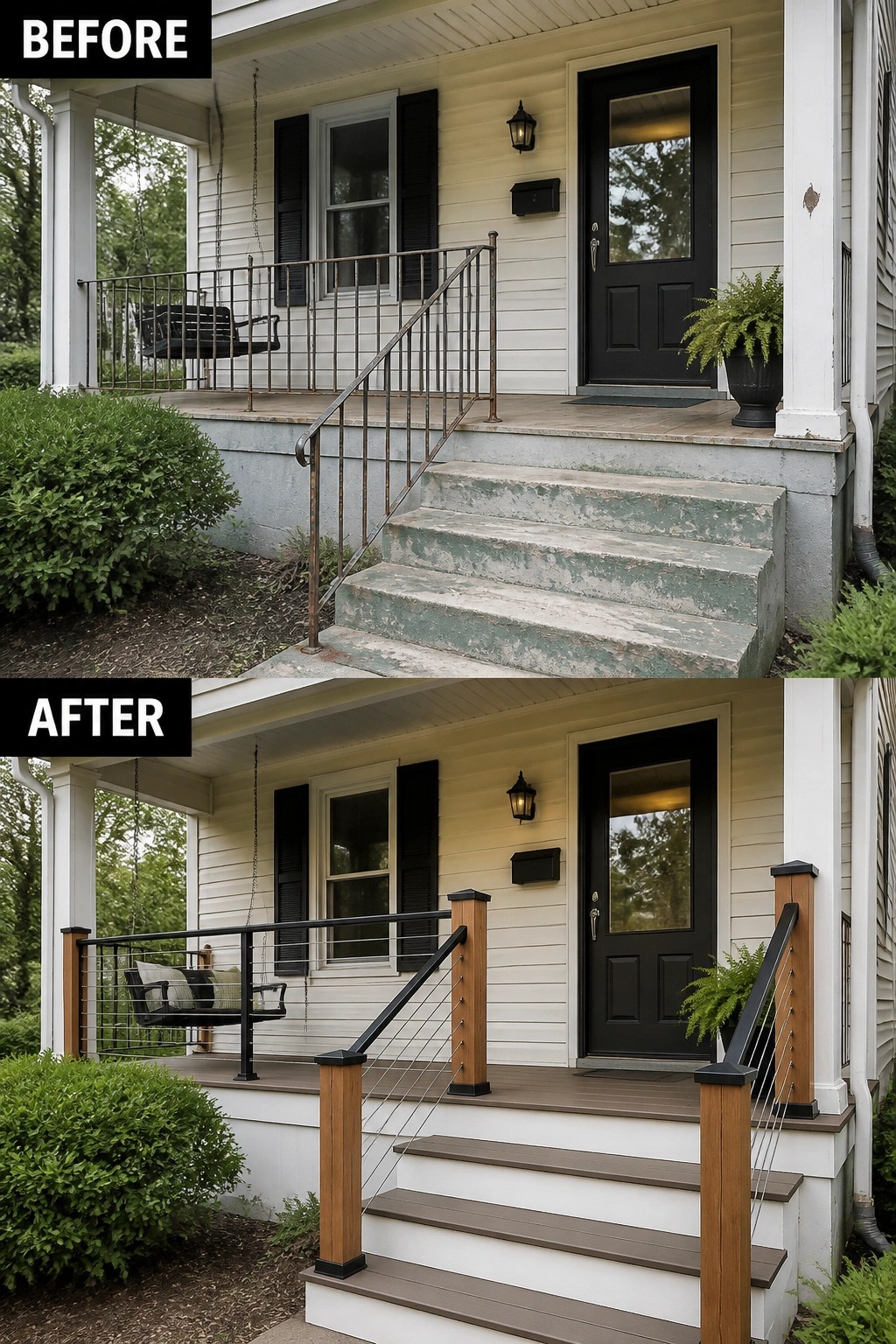 Before and after porch renovation with new wooden cable railings and stairs