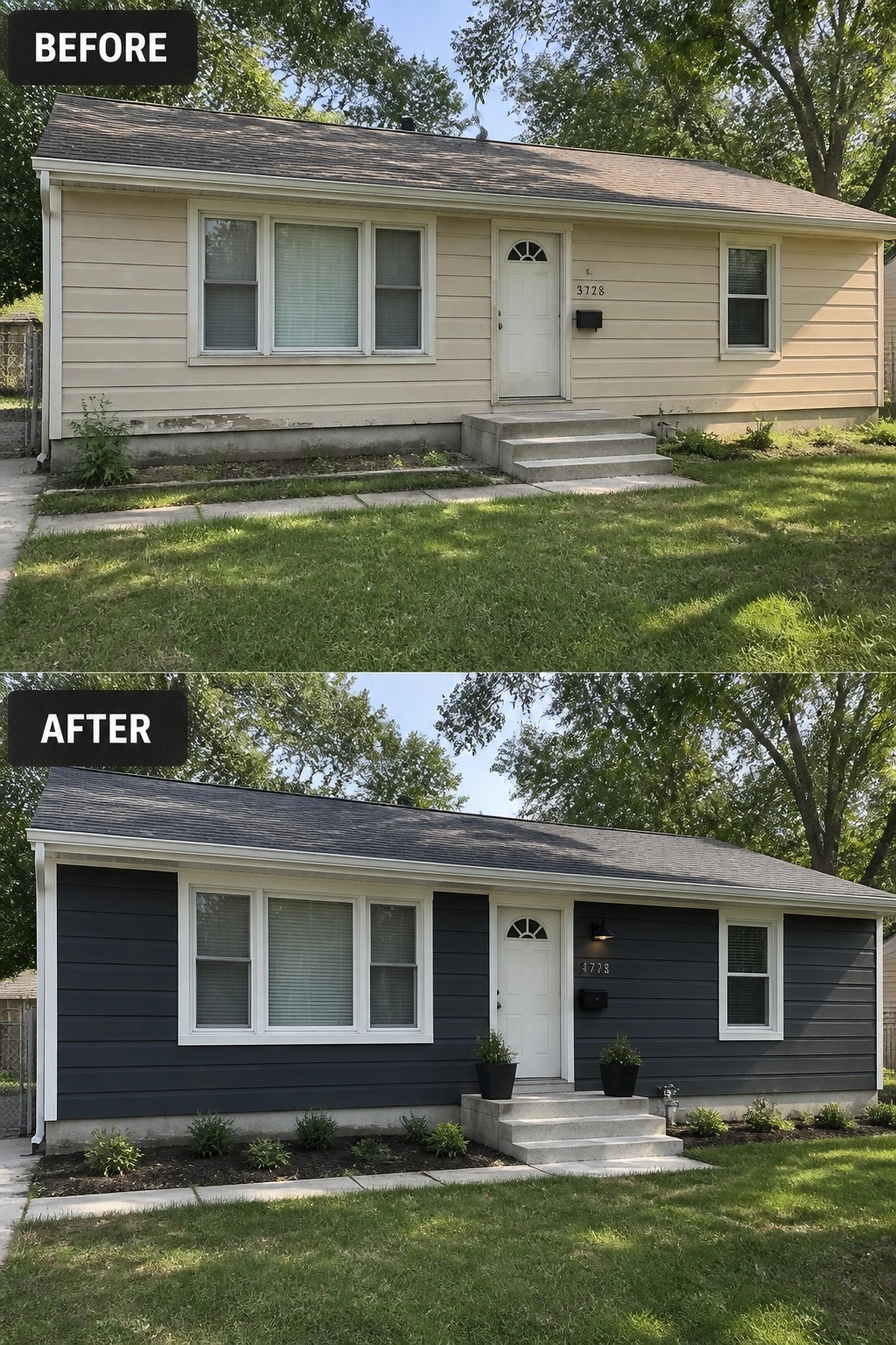 Before-and-after image of a house exterior showing light beige siding changed to dark gray siding with white trim and added planters at the entry.