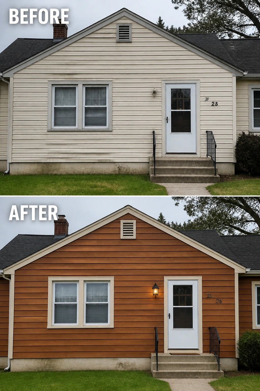 Split view comparing house with beige siding before and brown siding after renovation