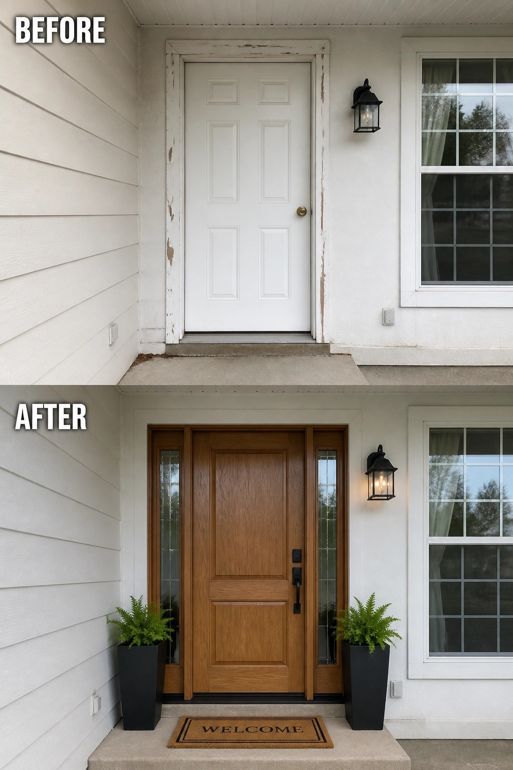 Before-and-after image of a house front entry with an old white door replaced by a new wooden door with sidelights, black planters, and a welcome mat.