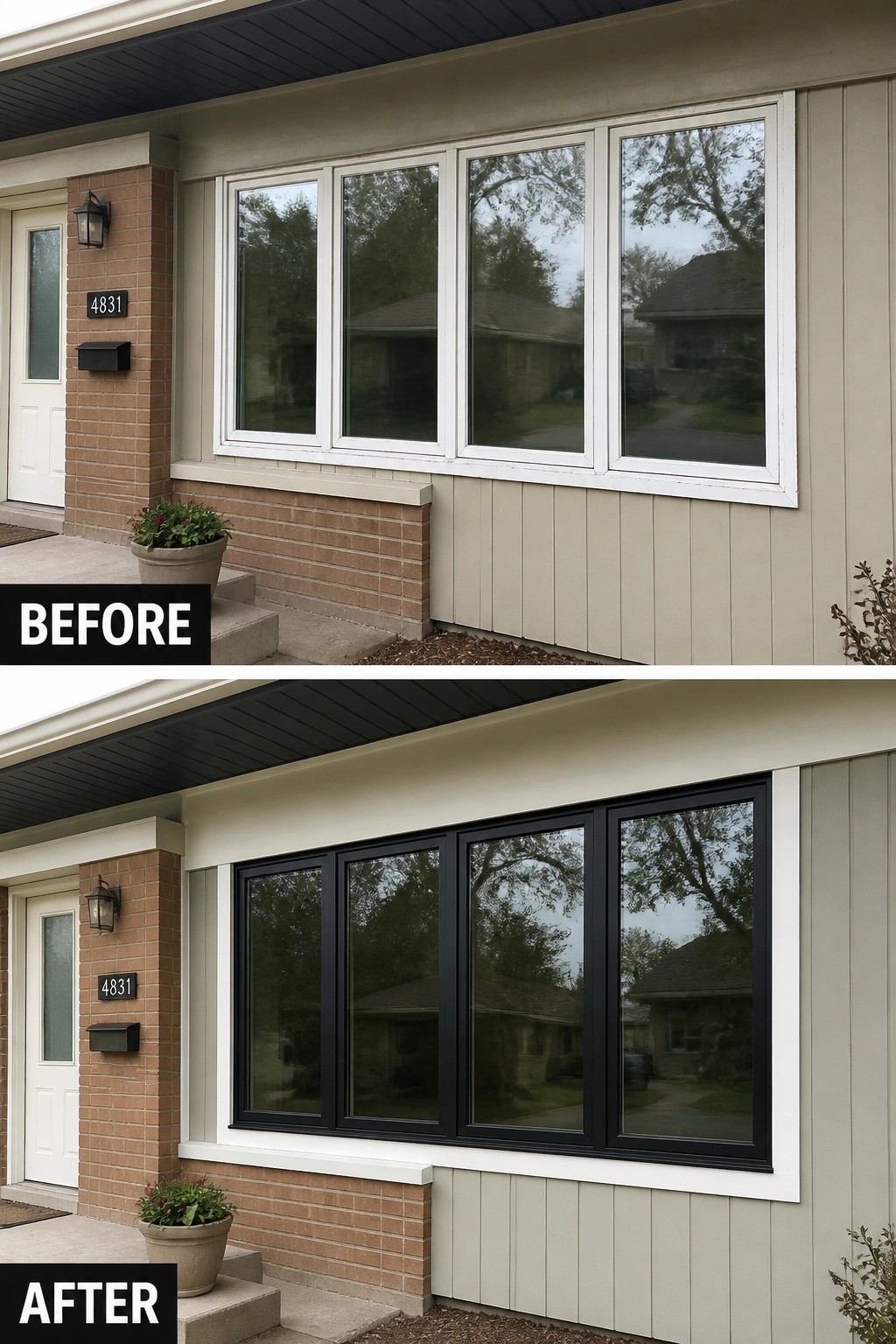 Before and after house window with white frames replaced by black frames.