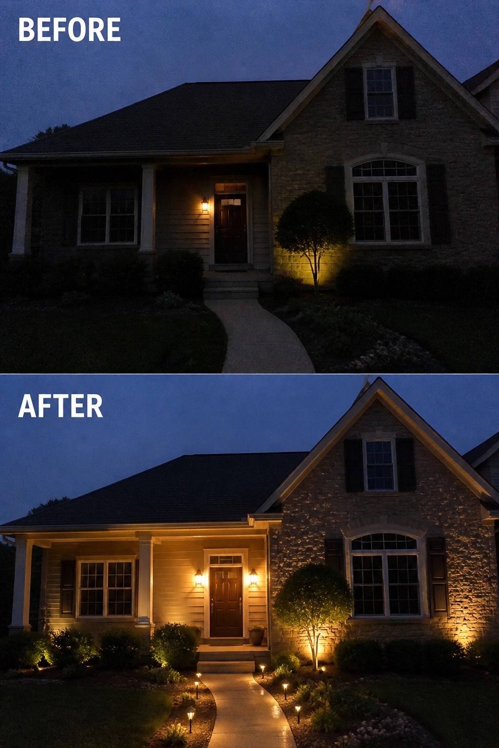 Before-and-after image of a house exterior showing added pathway lights, wall sconces, and uplighting on the facade and landscaping.