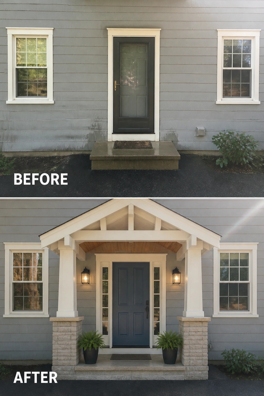 Before and after of gray house entrance with new white gabled porch