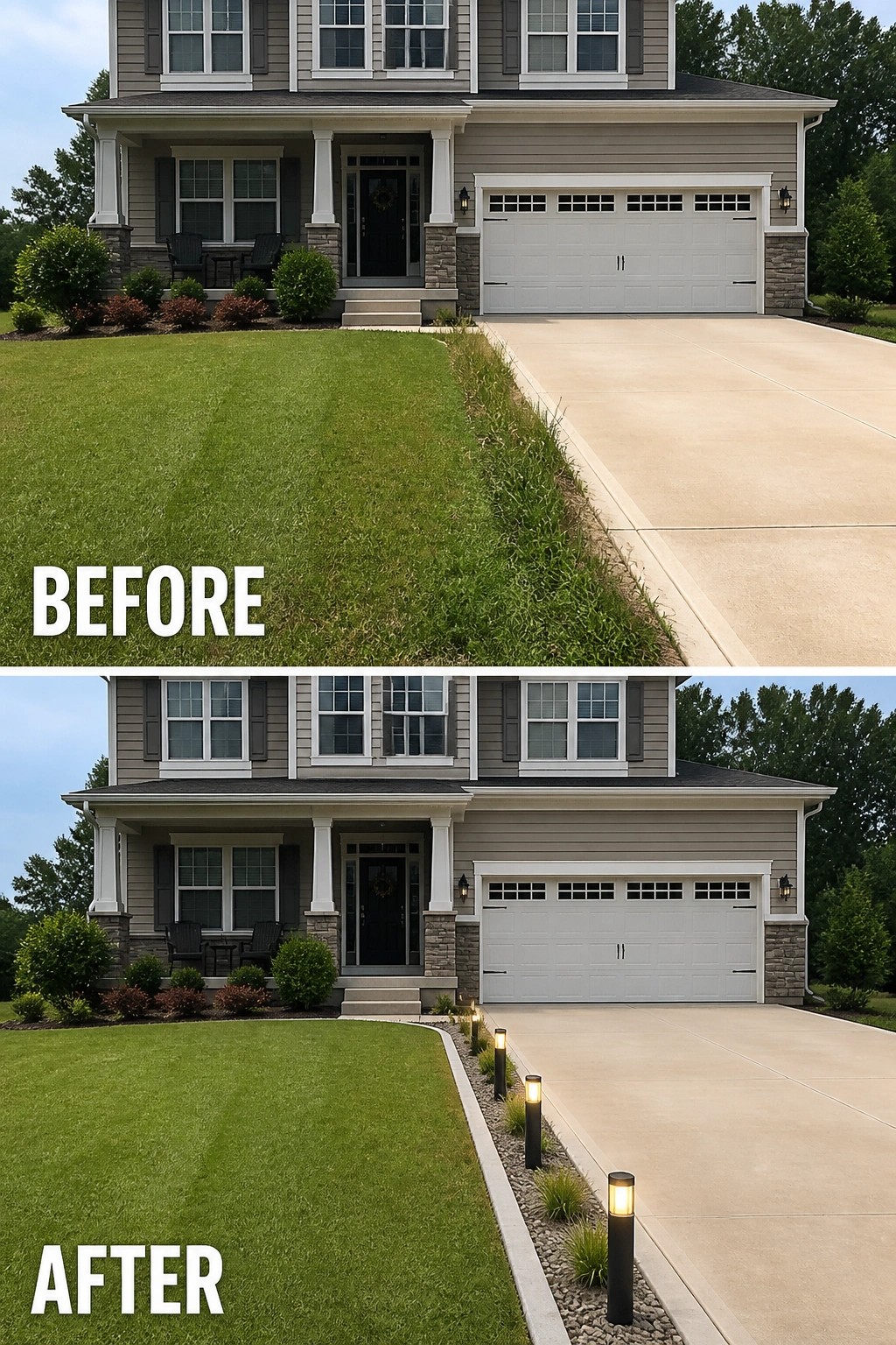 Before-and-after image of a house front showing an overgrown lawn edge changed into a clean curved border with gravel, plants, and path lights.
